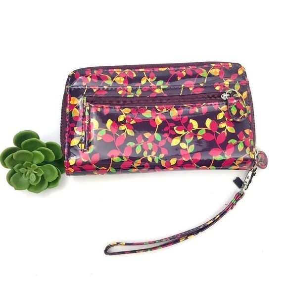 Mundi Burgundy Leaf Pattern Zip Safe Keeper Theft Protect Flap Wristlet Wallet - Picture 2 of 16